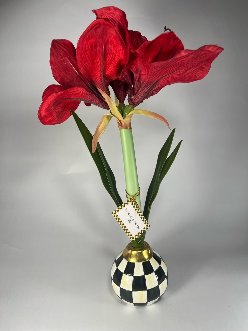MacKenzie-Childs Red Amaryllis Stem in Black-and-White Checkered Bud Vase